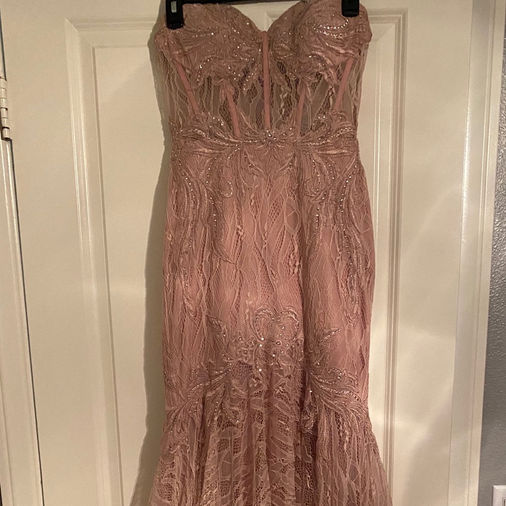 Strapless Mauve Jeweled Mermaid Gown